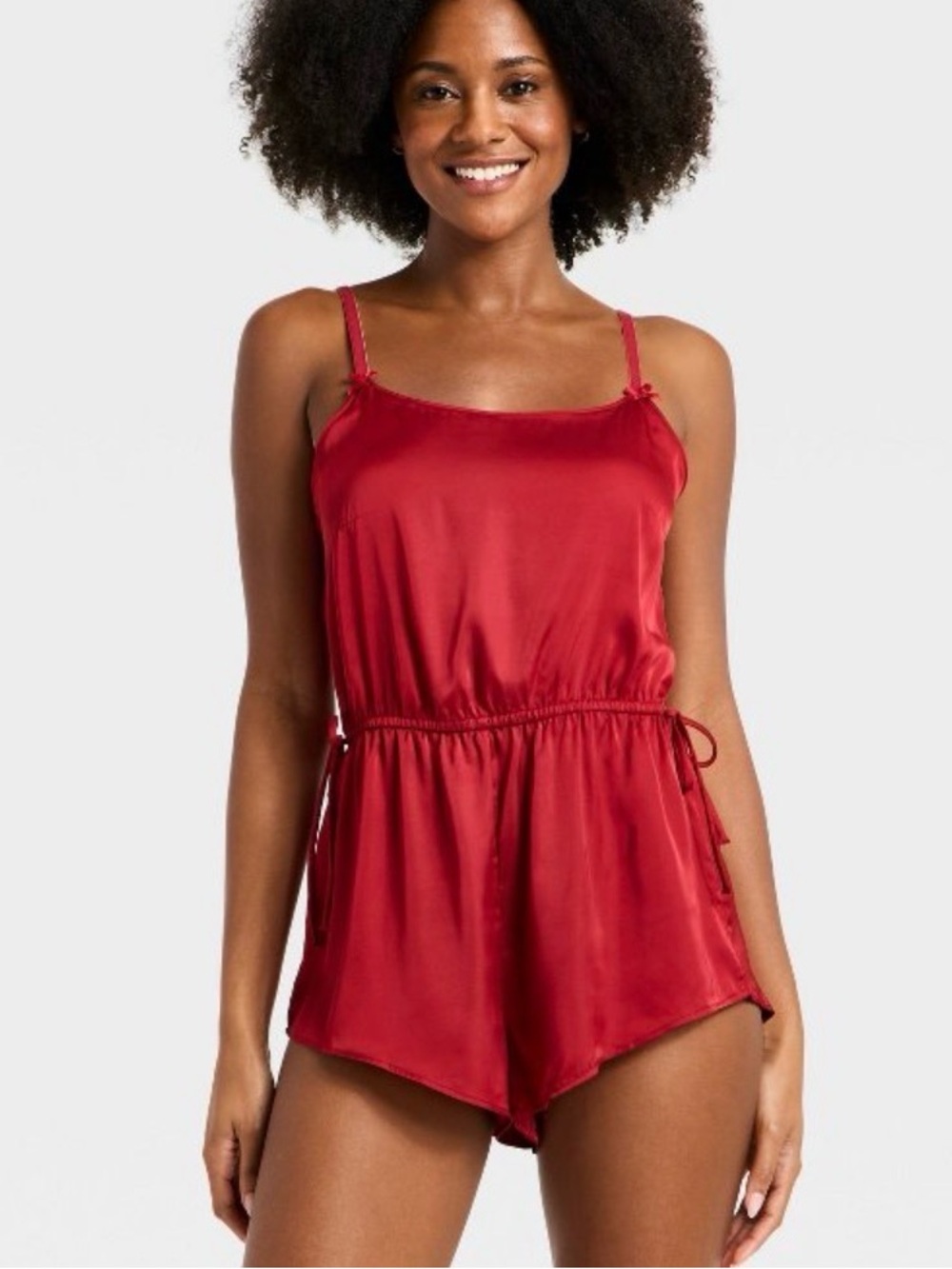 Auden Red Satin Cami Romper with Drawstring Waist